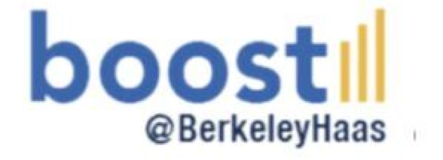The logo reads boost @BerkeleyHaas with the last three letters of boost designed as three vertical yellow bars of increasing height, resembling a bar chart.