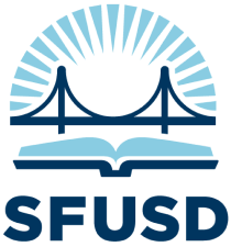 Logo for SFUSD featuring a stylized bridge, an open book, and rays of light above the bold letters SFUSD. The design uses different shades of blue.