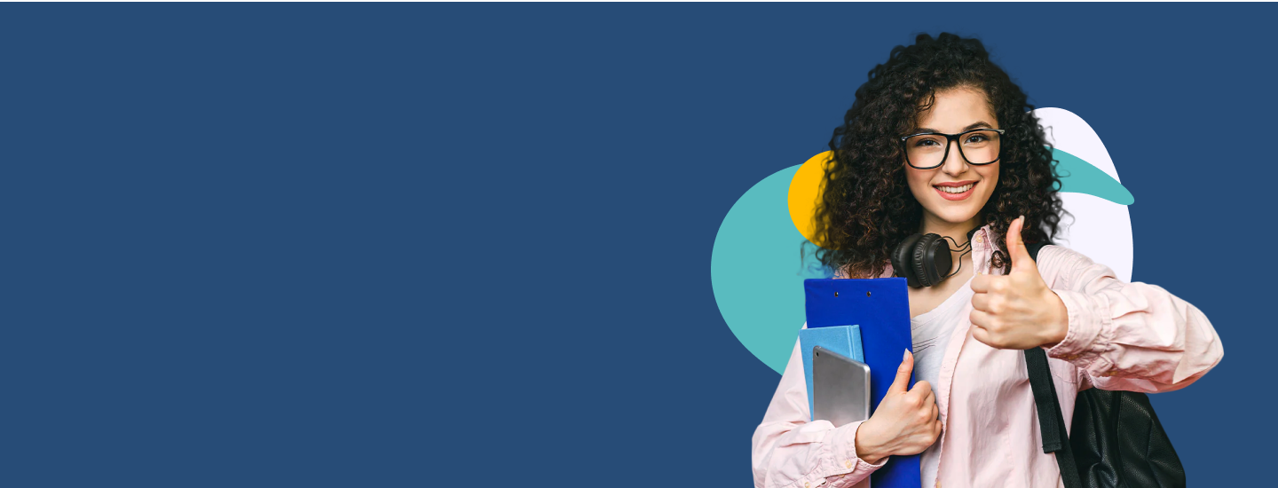 A smiling young woman with curly hair and glasses holds a tablet, blue folders, and wears headphones around her neck. She gives a thumbs up and carries a backpack, standing in front of a blue background with abstract shapes.