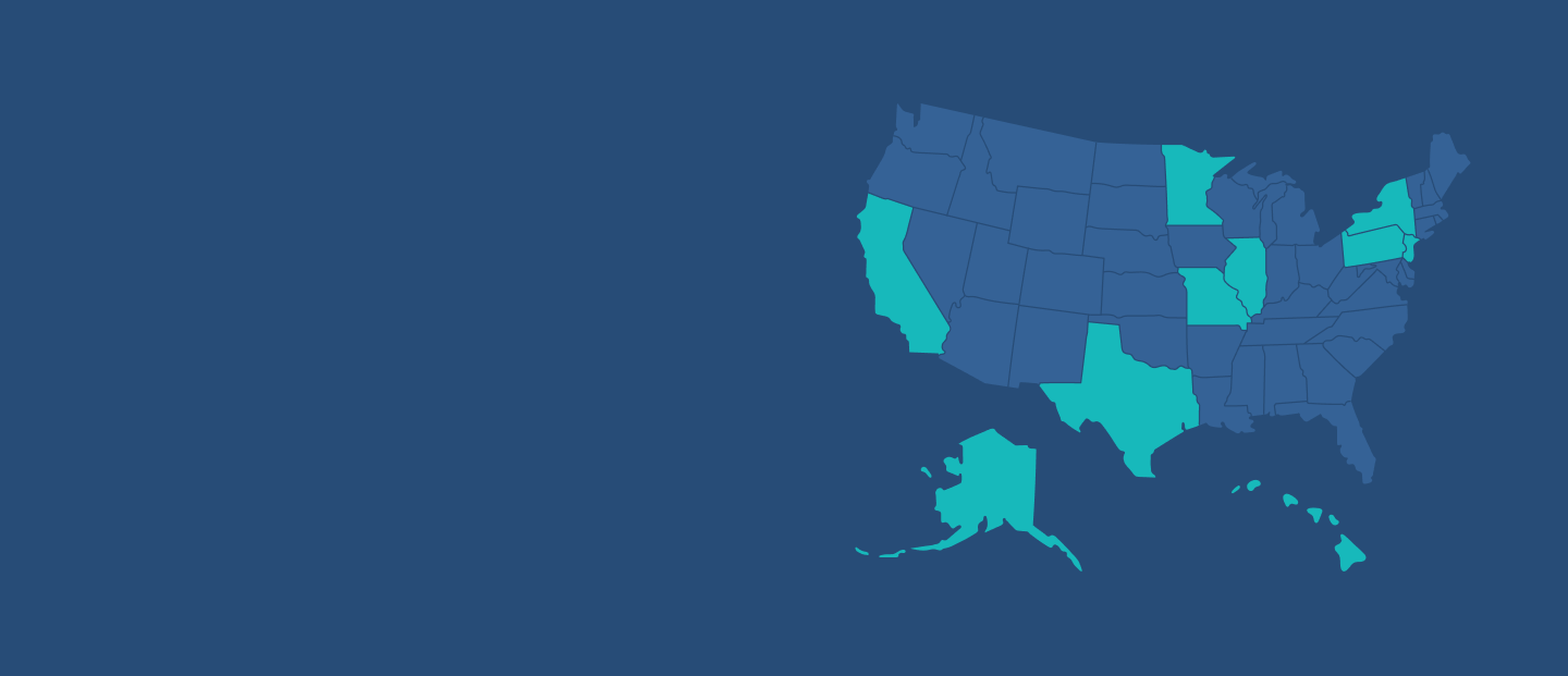 A map of the United States with certain states colored in light blue, including California, Texas, Alaska, Minnesota, Wisconsin, Iowa, Illinois, Alabama, Georgia, and Florida, while the rest are dark blue.