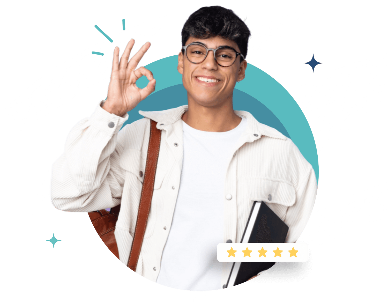 A smiling young man wearing glasses holds a notebook and gestures OK with his hand. He carries a shoulder bag and stands in front of a teal circle with a five-star rating icon nearby.