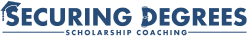 Logo for Securing Degrees Scholarship Coaching in blue text, with a graduation cap on the letter S of Securing.