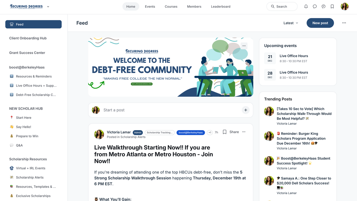 A social media dashboard displays a banner reading Welcome to the Debt-Free Community and a feed of posts, including a live walk-through event announcement. The right sidebar lists upcoming events and trending topics.