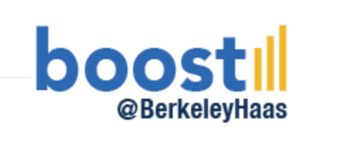 Logo with the word boost in blue lowercase letters, where the last t is stylized as three yellow vertical bars. Below, it says @BerkeleyHaas in blue text.