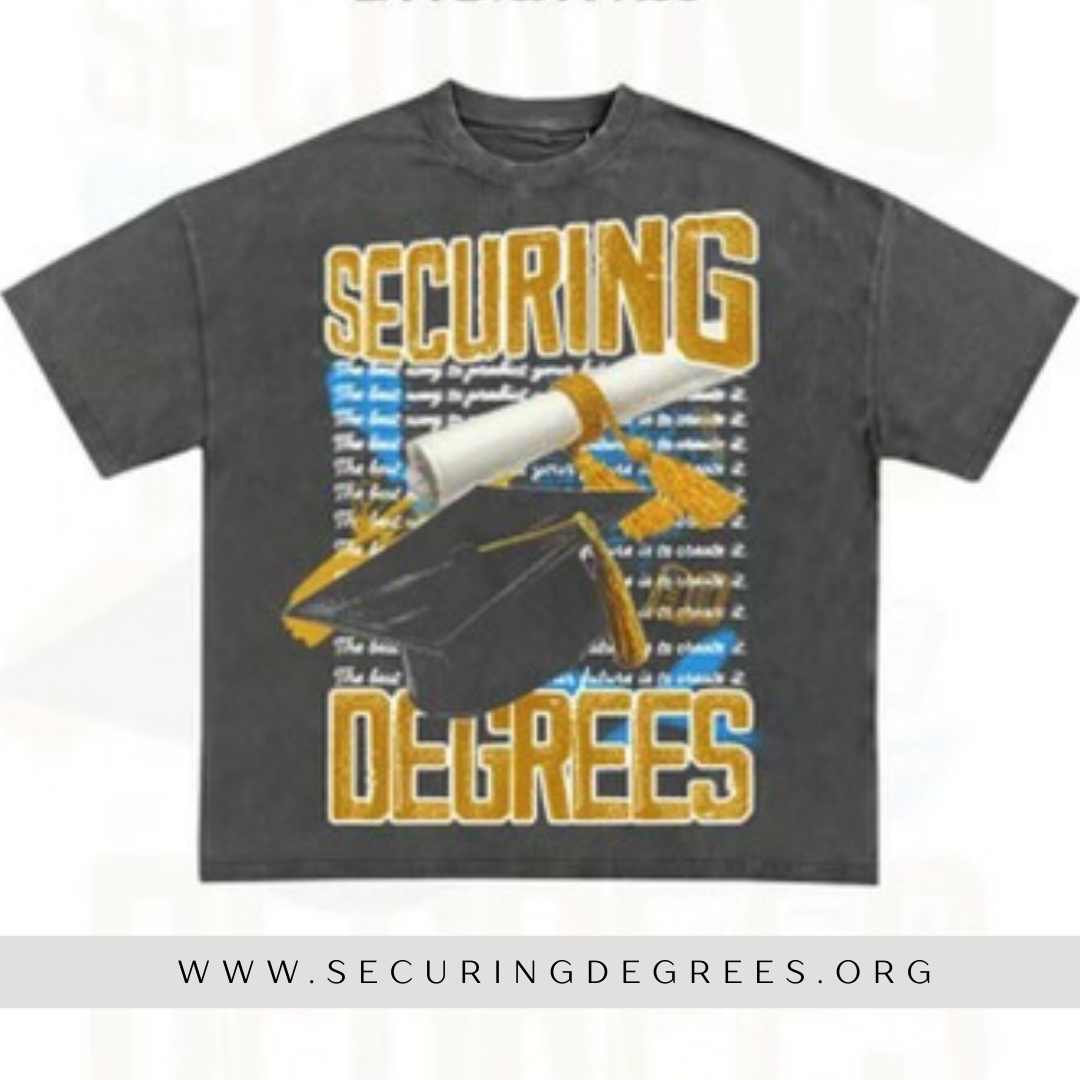 Black scholarship support t-shirt featuring diploma and gold tassel graphic.