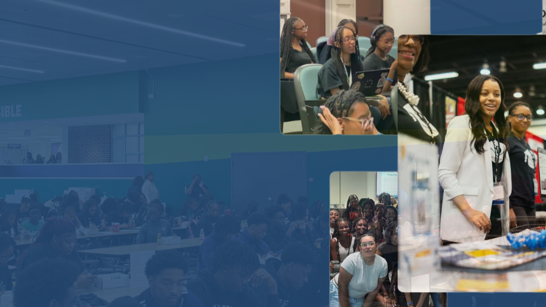A large group of students sit in a school cafeteria. Overlaid are three smaller images: students at an event, a woman smiling at a booth, and people listening to a speaker. The SD education series logo is in the lower right corner.