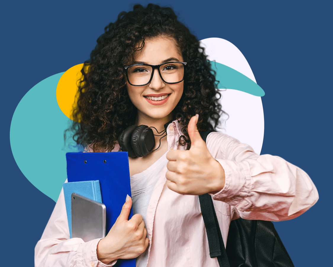 Young woman with curly hair and glasses smiles, giving a thumbs up. She holds folders and a tablet, with headphones around her neck and a backpack over her shoulder. The background is colorful and abstract.