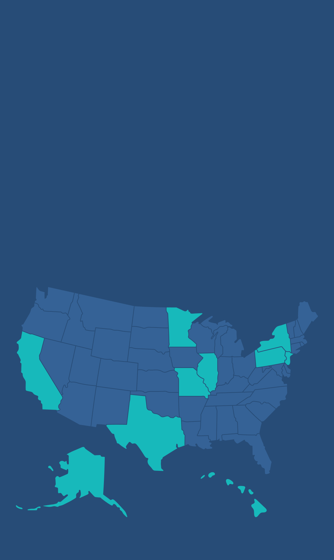 A map of the United States with certain states highlighted in light blue, including California, Texas, Louisiana, Illinois, Michigan, New York, Florida, Alaska, and Hawaii. The rest are in a darker blue shade.