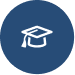 A white graduation cap icon with a tassel on a dark blue circular background.