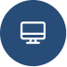 A white computer monitor icon centered inside a dark blue circle.