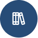 White icon of three standing books, with the middle book leaning, centered on a dark blue circular background.