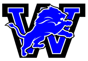 A blue lion is shown leaping across a large, bold letter W outlined in black and blue.