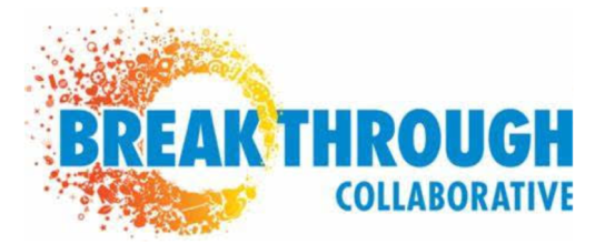 The Breakthrough Collaborative logo features the word BREAKTHROUGH in bold blue letters, with the left side surrounded by an orange and yellow burst of dots and symbols. COLLABORATIVE appears smaller below on the right.