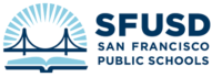 SFUSD logo featuring a stylized bridge over an open book with rays above, next to the text “SFUSD San Francisco Public Schools.”.