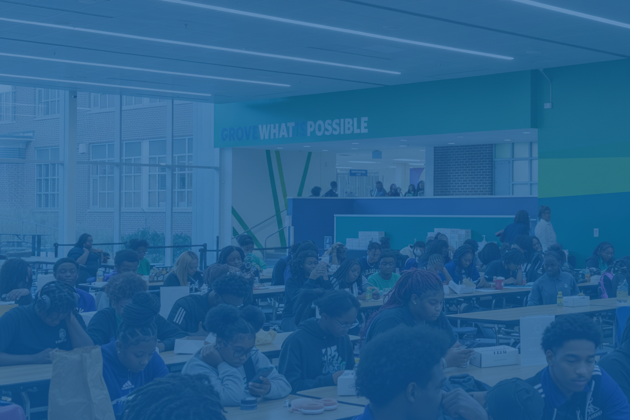 A large group of students sit at tables in a cafeteria, eating, talking, and using their phones. In the background, a wall displays the words PROVE WHATS POSSIBLE in large letters.